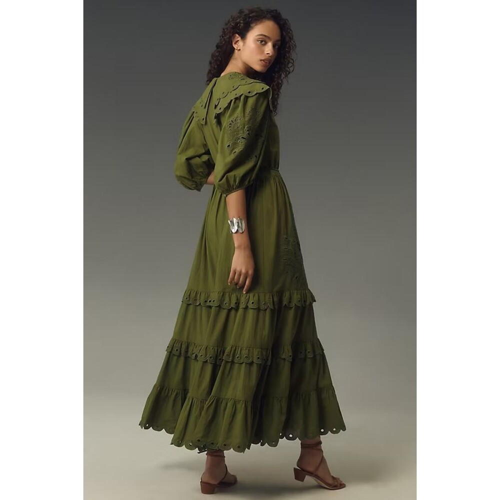 FARM RIO Humming Bird Richelieu Tiered Maxi Dress Size M NWT Green Forest Fairy - Picture 3 of 14